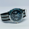Men's analog watch with black dial and striped NATO nylon strap