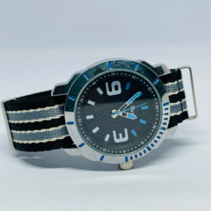 Men's analog watch with black dial and striped NATO nylon strap