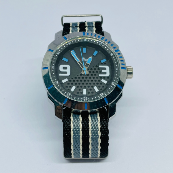 Classic men's watch featuring black dial and striped nylon NATO strap