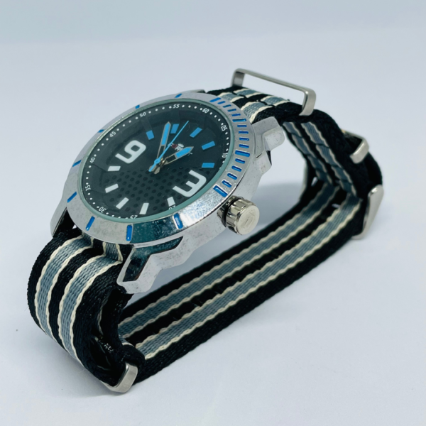 Silver case analog watch with black dial and blue accents