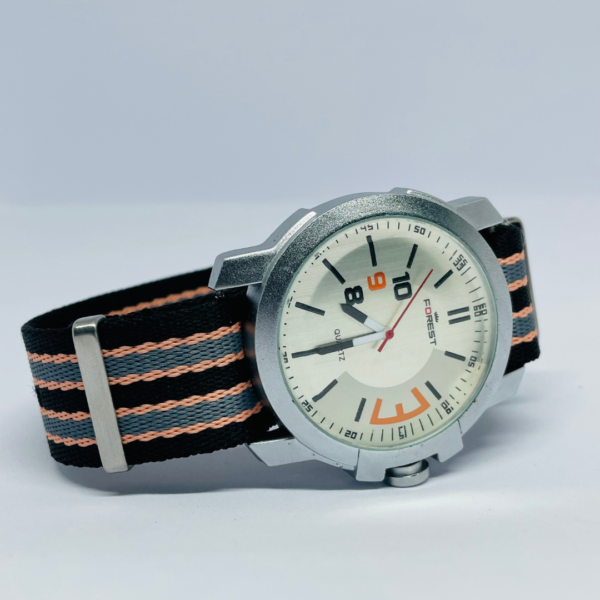 Foresti analog watch dial close-up, black and white
