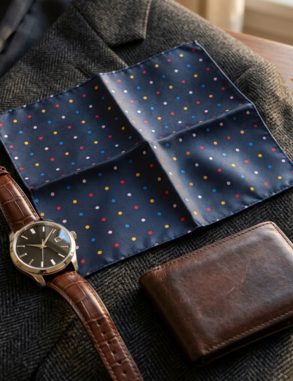 Silk pocket square [polka dot pattern], close-up texture