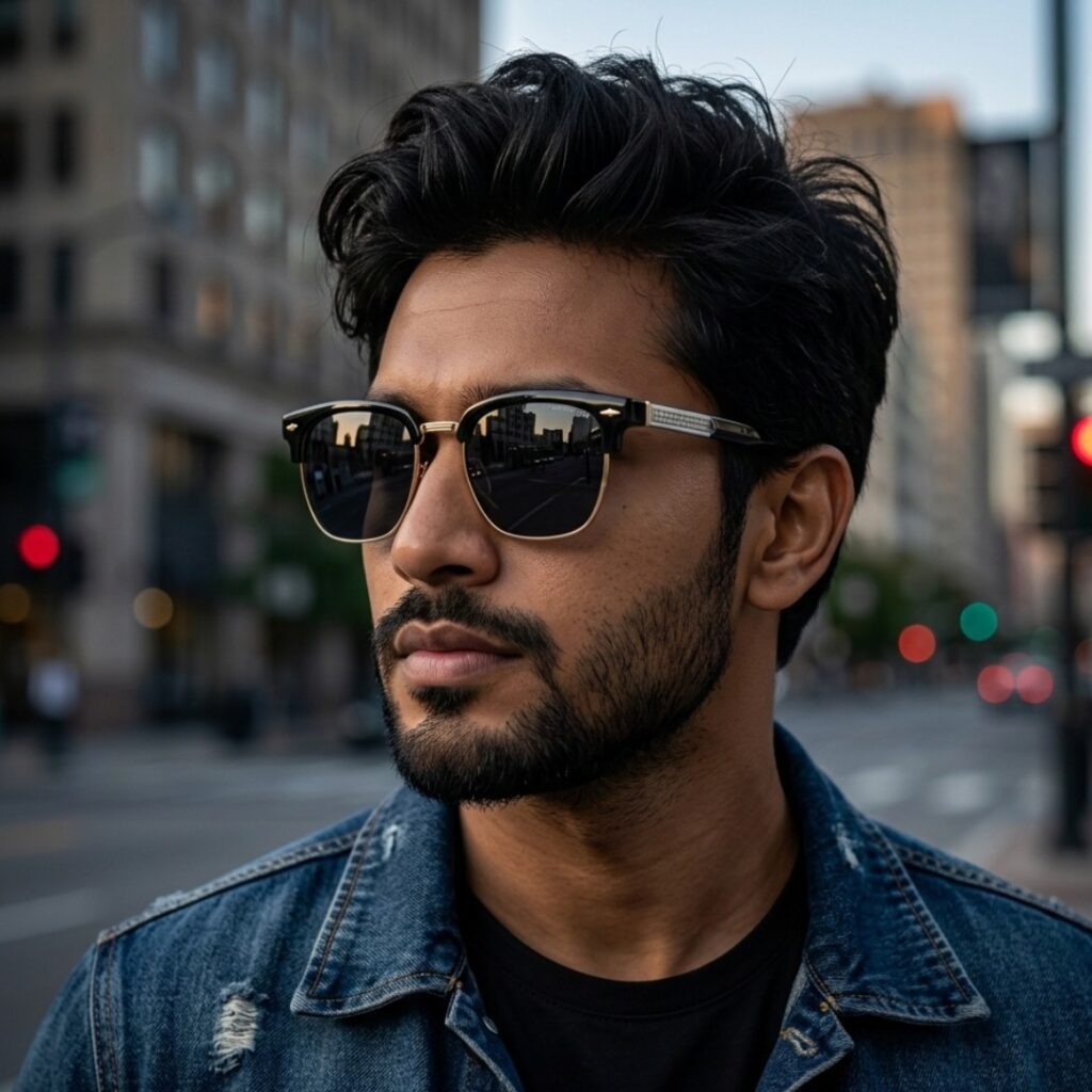 Fashionable Clubmaster-style sunglasses, outdoor look