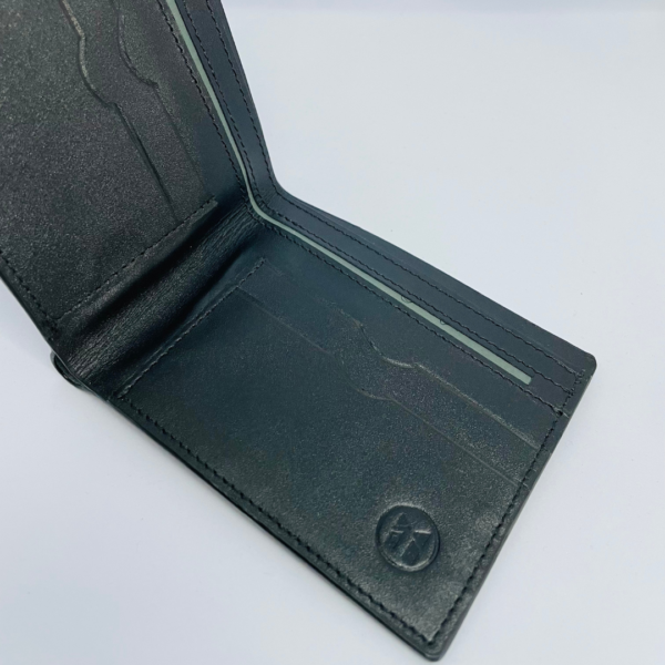 Leather wallet open view card slots detail