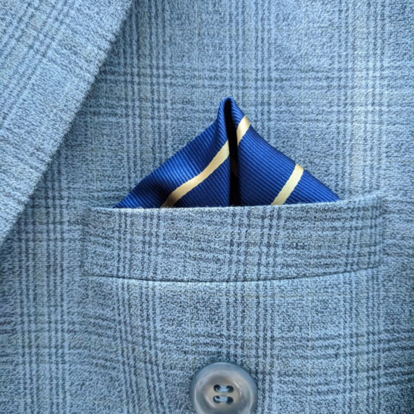 Men paisley pocket square blazer styling close view