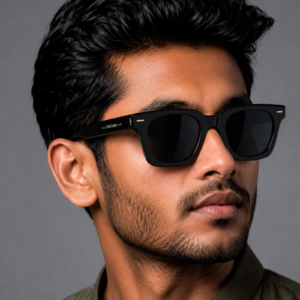 Premium black square Wayfarer sunglasses worn by a stylish male model with UV protection.