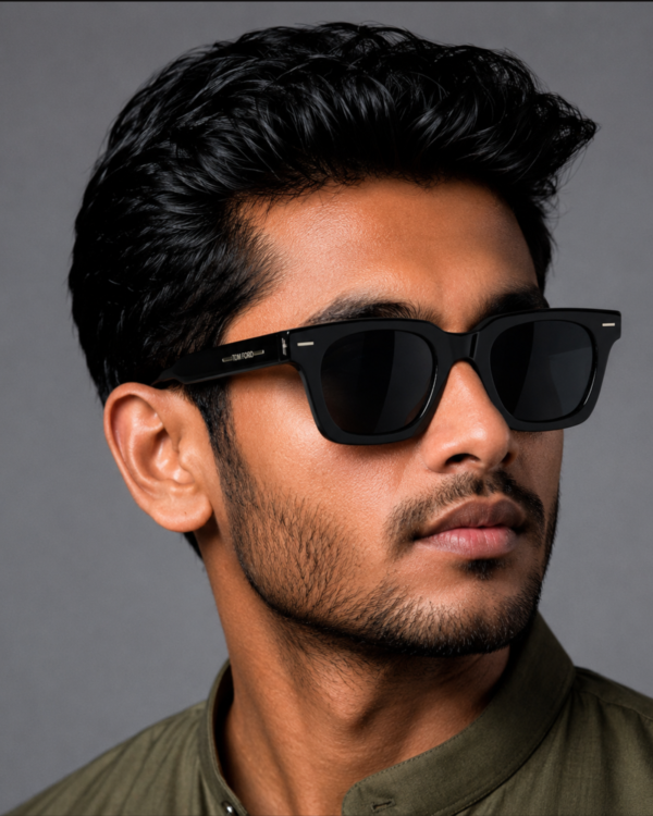 black-square-wayfarer-sunglasses-male-model.jpg Premium black square Wayfarer sunglasses worn by a stylish male model with UV protection.