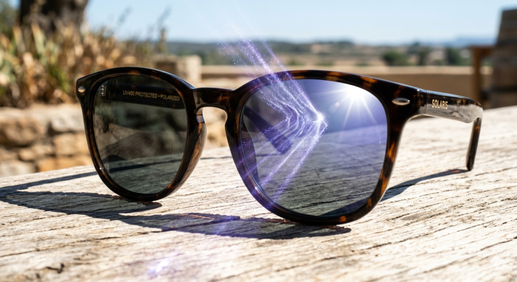 Stylish UV protection sunglasses placed under bright sunlight showing eye protection concept