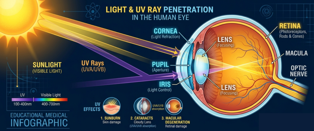 Scientific illustration showing harmful UV rays entering the eye and affecting internal eye structures