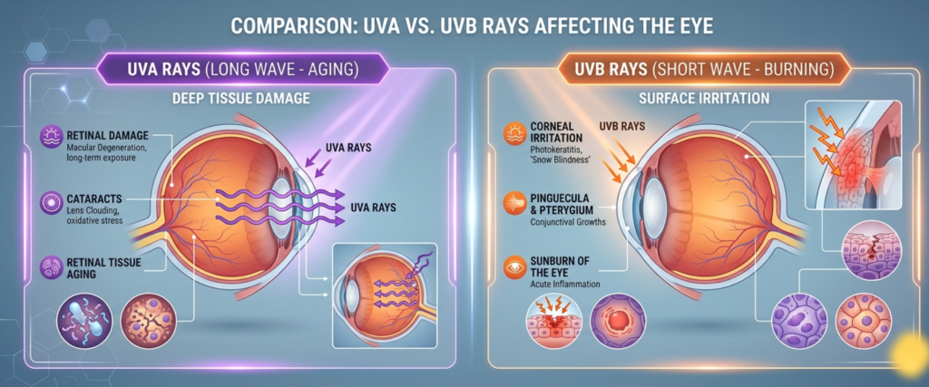 Infographic comparing UVA and UVB rays and their effects on different parts of the eye