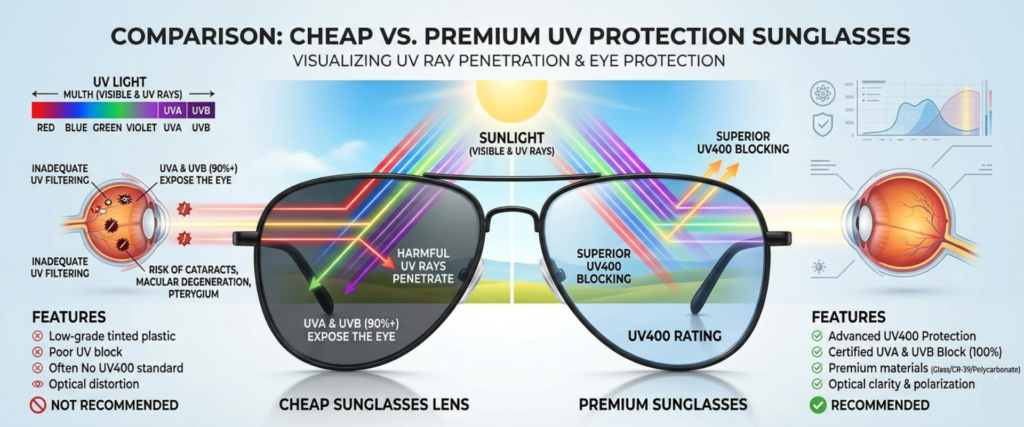 Comparison between cheap sunglasses and UV-protected sunglasses blocking harmful sunlight