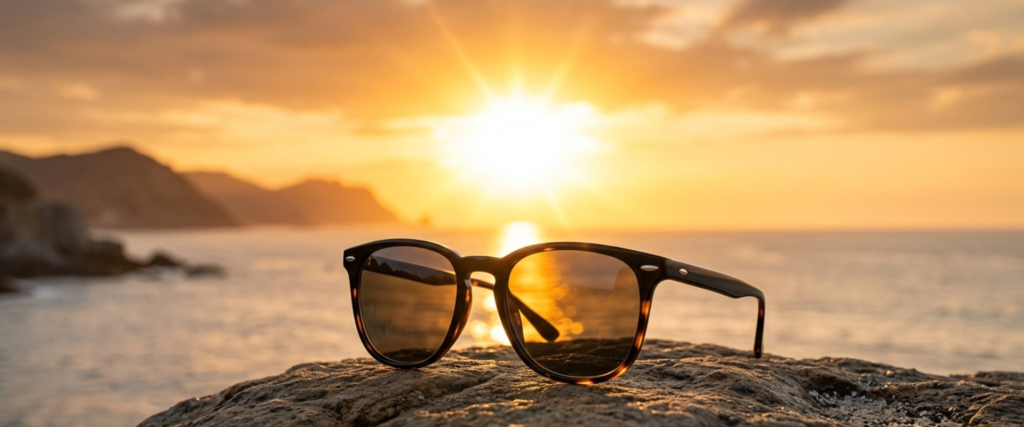 Sunglasses protecting eyes from strong sunlight and harmful UV rays