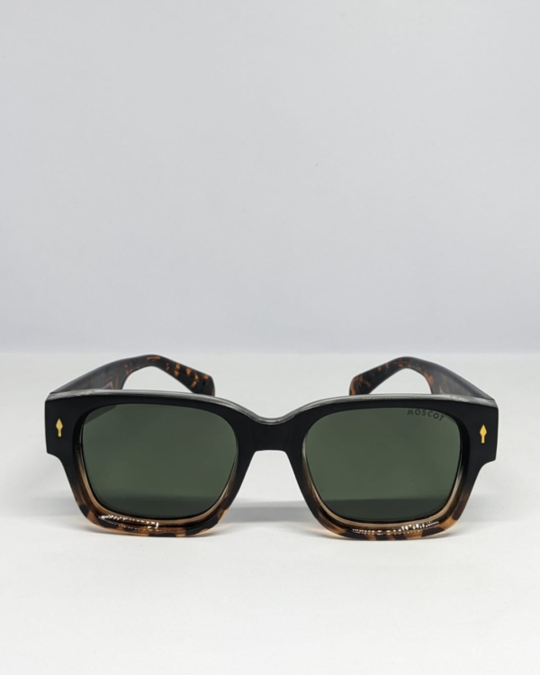 MIGNON FB (1) Close-up of tortoiseshell fade frame with green tinted lens