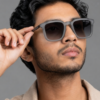 Square frame matte grey sunglasses with dark charcoal lens side view