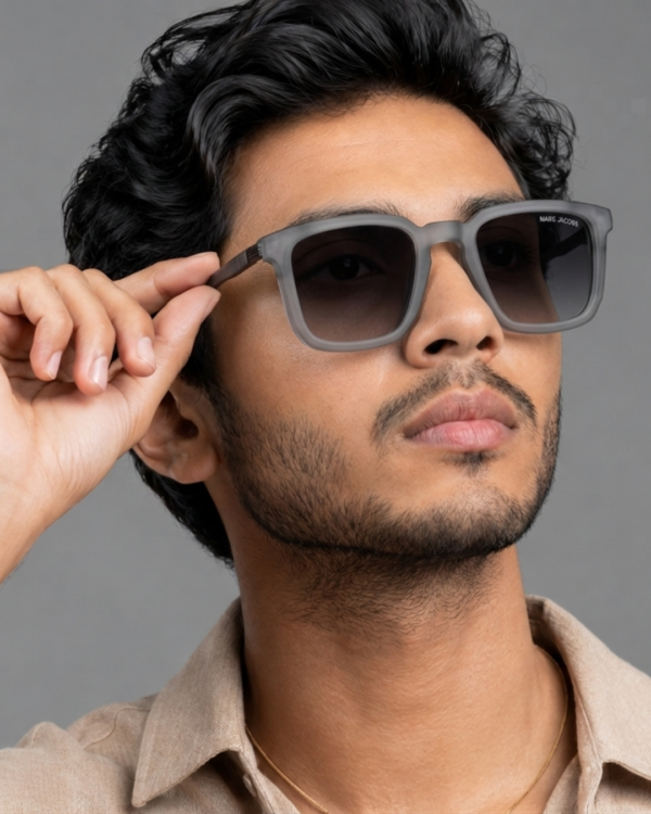 Square frame matte grey sunglasses with dark charcoal lens side view