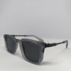 Close-up of metal temple arm on square matte grey sunglasses