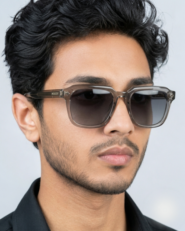 MIGNON FB Model wearing square frame grey sunglasses, outdoor casual look