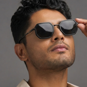 Trendy polygon frame sunglasses for men, matte black BD