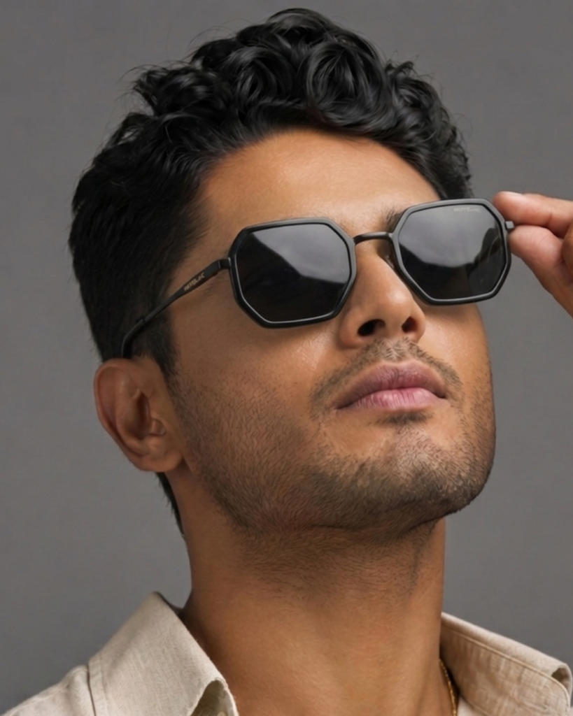 Trendy polygon frame sunglasses for men, matte black BD
