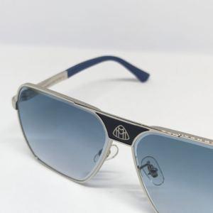 Square aviator sunglasses, silver frame with navy blue temples