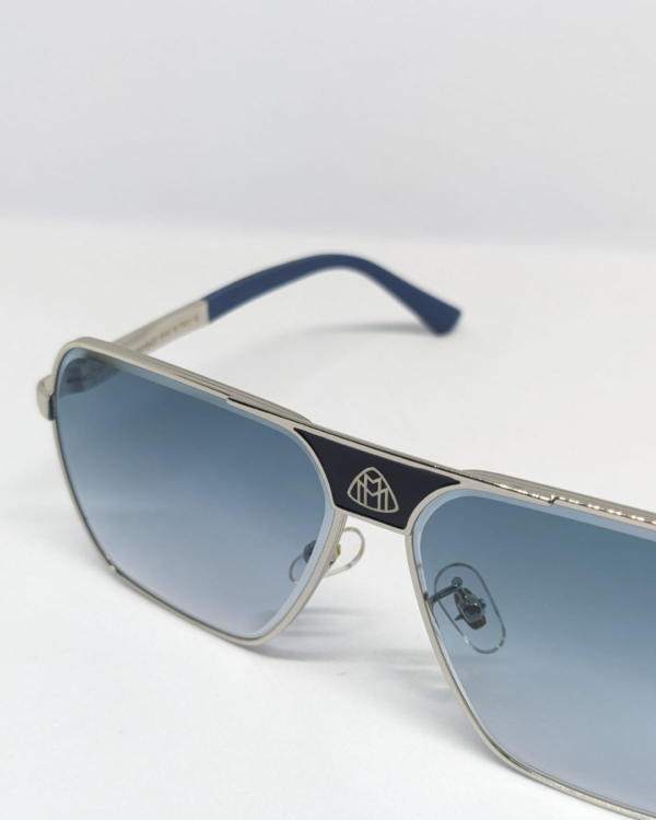 Square aviator sunglasses, silver frame with navy blue temples