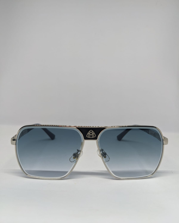 Front view of square aviator sunglasses with silver double bridge frame
