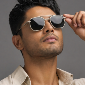 Square aviator sunglasses polished silver frame front view