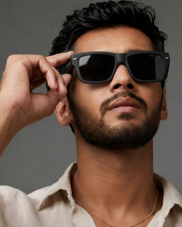 Model wearing matte black square sunglasses, casual outdoor look