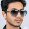 Silver metal square aviator sunglasses with blue gradient lens