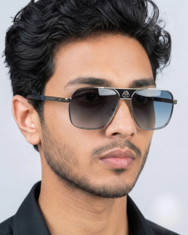 Silver metal square aviator sunglasses with blue gradient lens