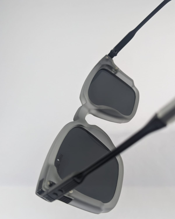 Square matte grey sunglasses top view showing lens shape
