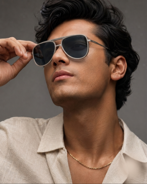 MIGNON FB (6) Aviator sunglasses with silver metal frame and dark smoke lens side view