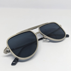 Aviator sunglasses with silver metal frame and dark smoke lens front view