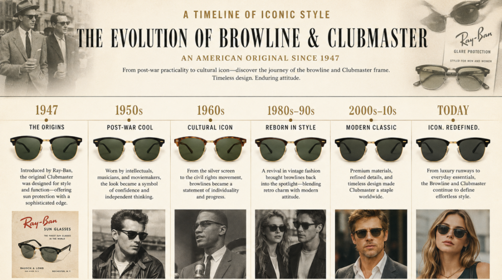 History and evolution of Clubmaster Sunglasses from 1947 to today