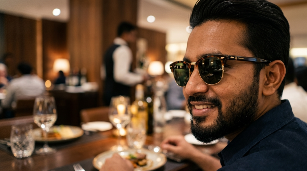 Clubmaster sunglasses paired with smart casual fashion