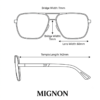 Size chart for square aviator sunglasses with double bridge frame