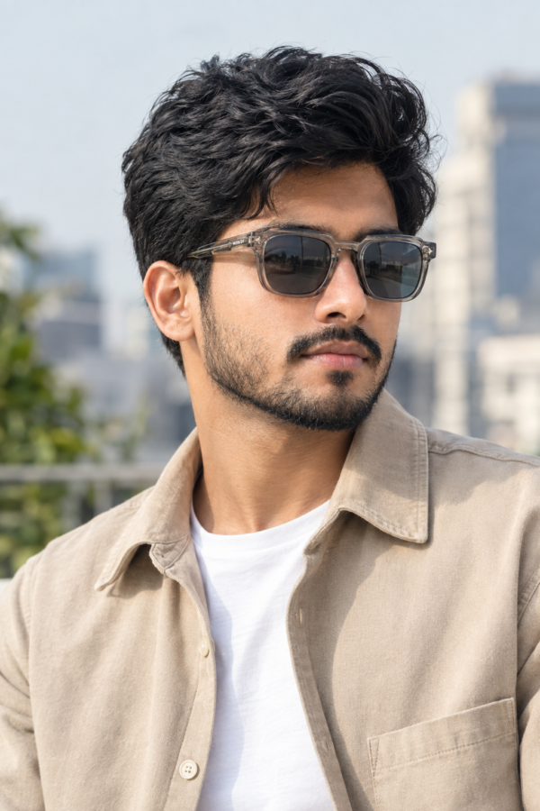 mignon (18) Model wearing square frame grey sunglasses, outdoor casual look