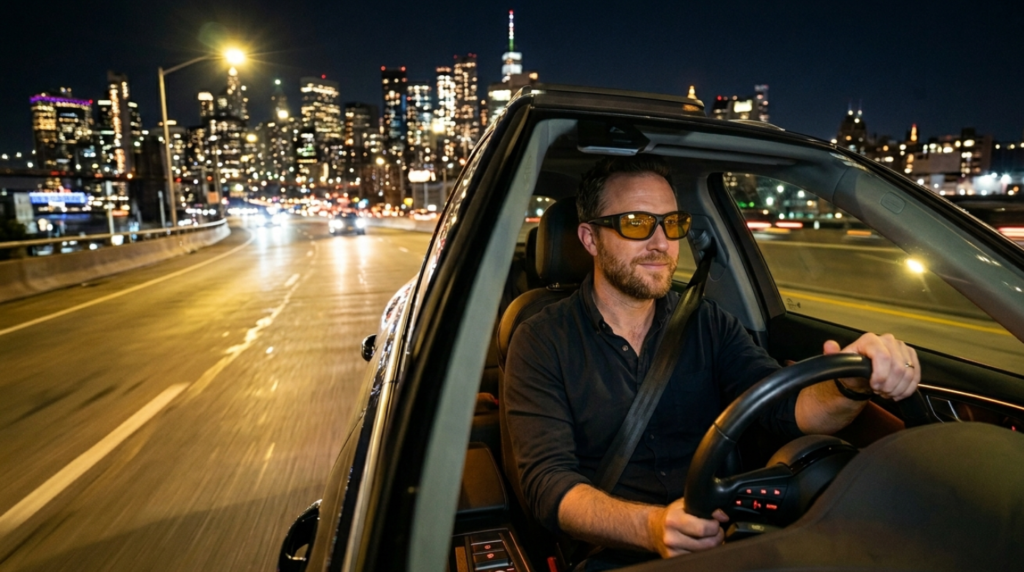 Motorcycle rider using night driving glasses for better visibility