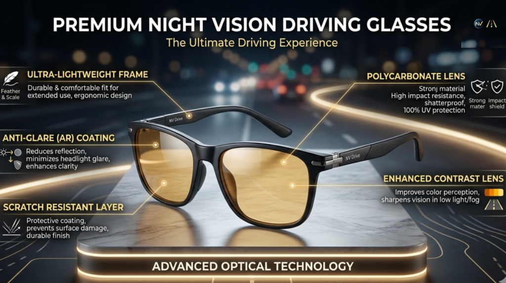 Driver wearing night vision sunglasses on a highway at night