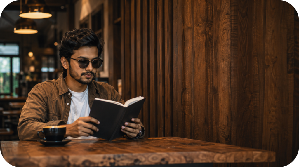 Stylish Bangladeshi man wearing fashionable prescription sunglasses inside a luxury café