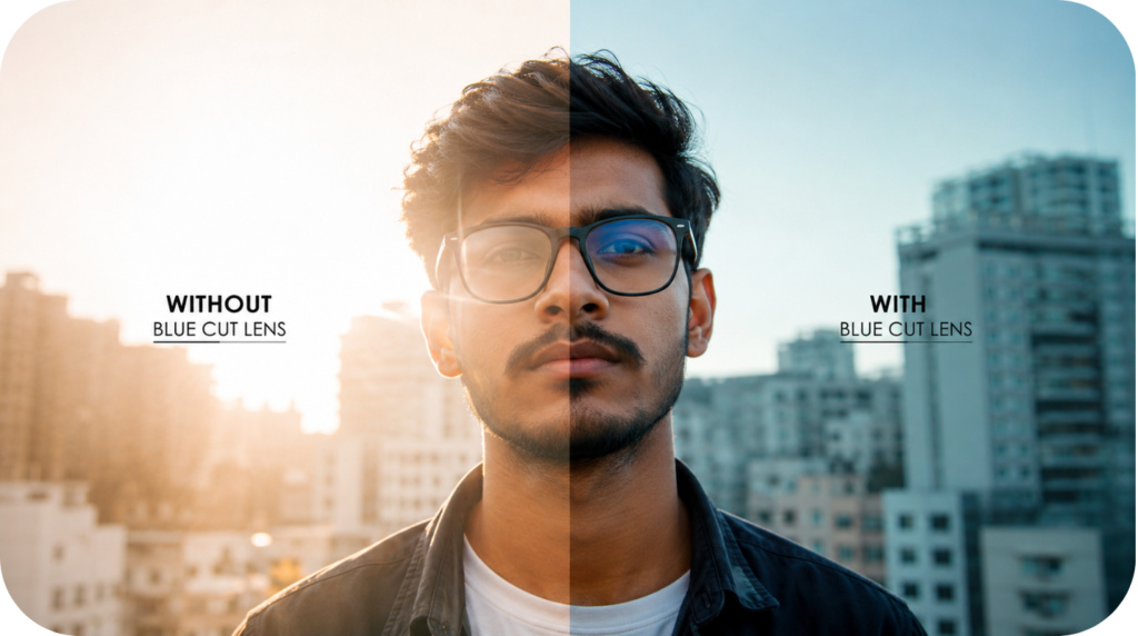 Comparison picture of blue cut sunglasses vs normal sunglasses