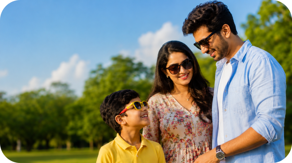 বাবা, মা ও ছেলে পার্কে UV প্রোটেকশন সানগ্লাস পরে হাসছেন
