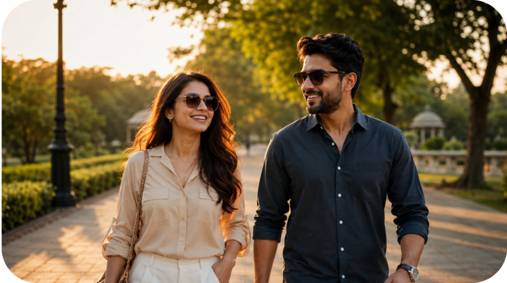 Bangladeshi couple enjoying sunny weather wearing prescription sunglasses