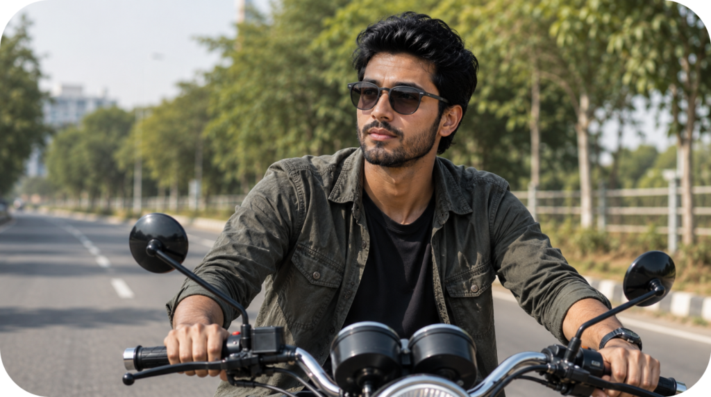 বাইরে photochromic sunglasses পরে ব্যবহার করার দৃশ্য