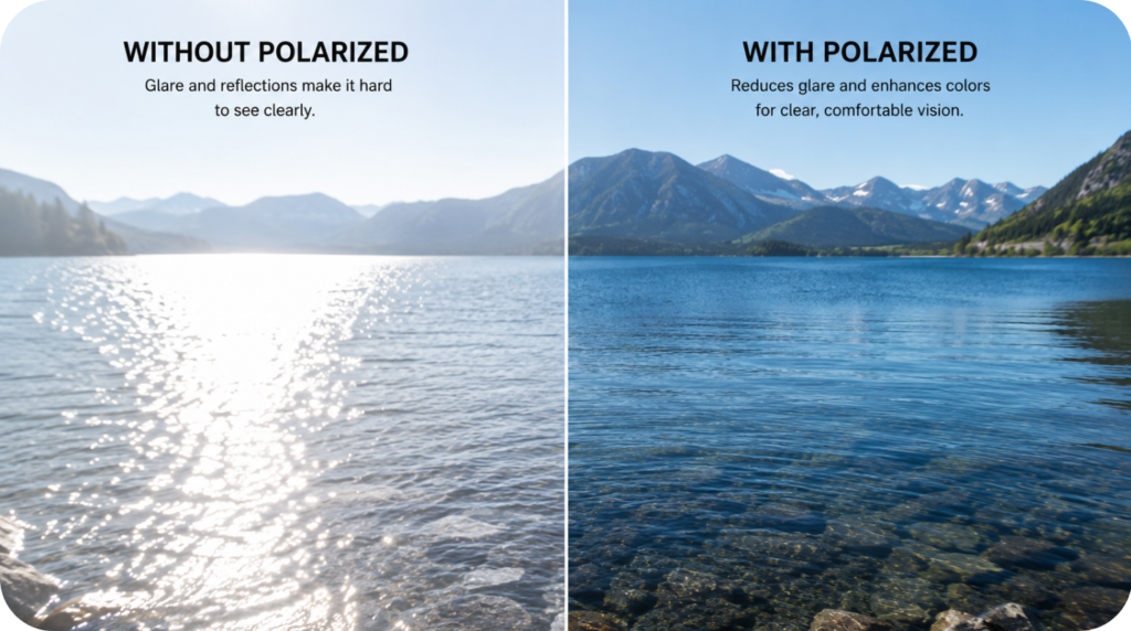 Polarized লেন্স প্রতিফলিত আলো বা glare কমানোর উদাহরণ