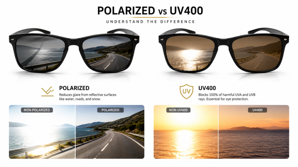 Polarized এবং UV400 সানগ্লাসের পার্থক্য দেখানো তুলনামূলক ছবি