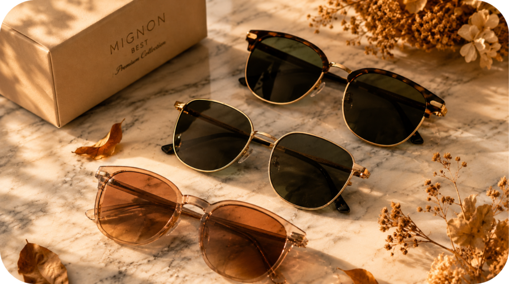 Sunglasses size guide showing lens width and frame